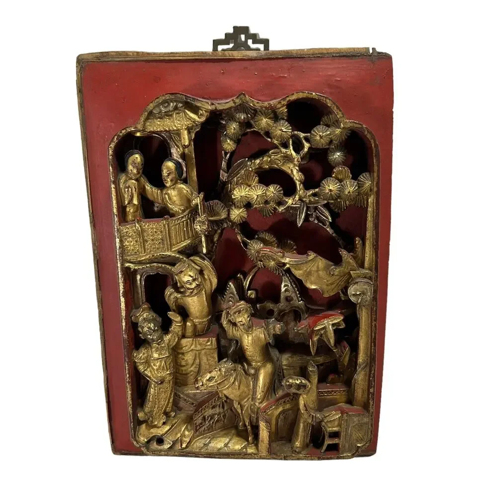 Antique Chinese Gilt Carved Wood Plaque Panel High Relief Asian Art 10